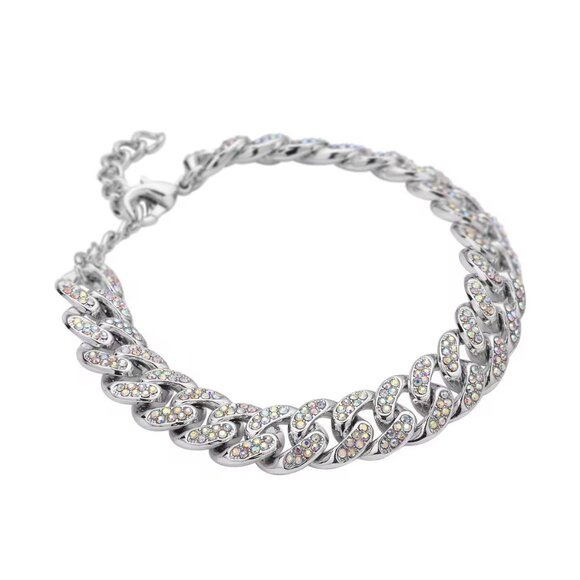 White Aurora Borealis Austrian Crystal Curb Link Chain Bracelet in Silvertone - Picture 3 of 5